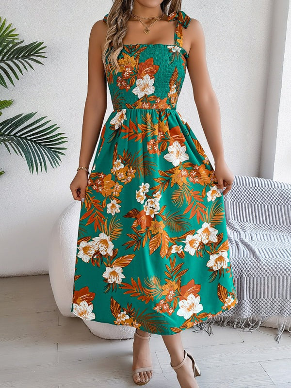 Floral Dresses - Casual Tropical Floral Midi Dress for Weekend Wear