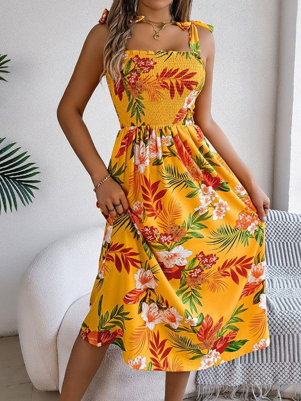 Floral Dresses - Casual Tropical Floral Midi Dress for Weekend Wear