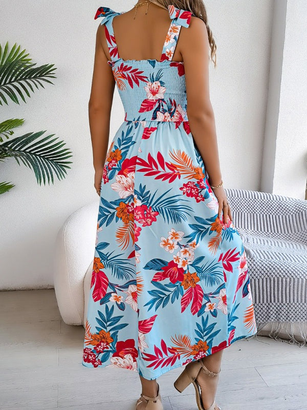 Floral Dresses - Casual Tropical Floral Midi Dress for Weekend Wear