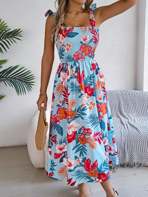 Floral Dresses - Casual Tropical Floral Midi Dress for Weekend Wear