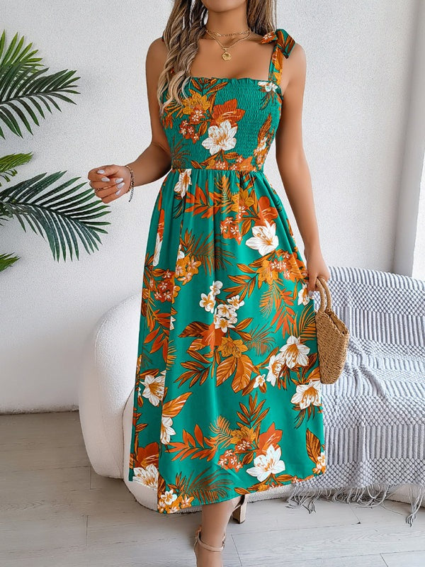 Floral Dresses - Casual Tropical Floral Midi Dress for Weekend Wear