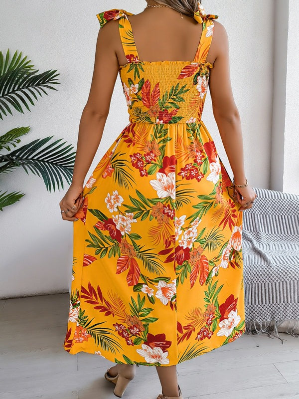 Floral Dresses - Casual Tropical Floral Midi Dress for Weekend Wear