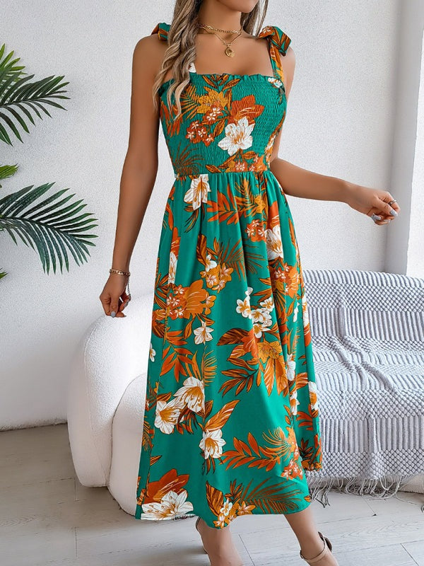 Floral Dresses - Casual Tropical Floral Midi Dress for Weekend Wear