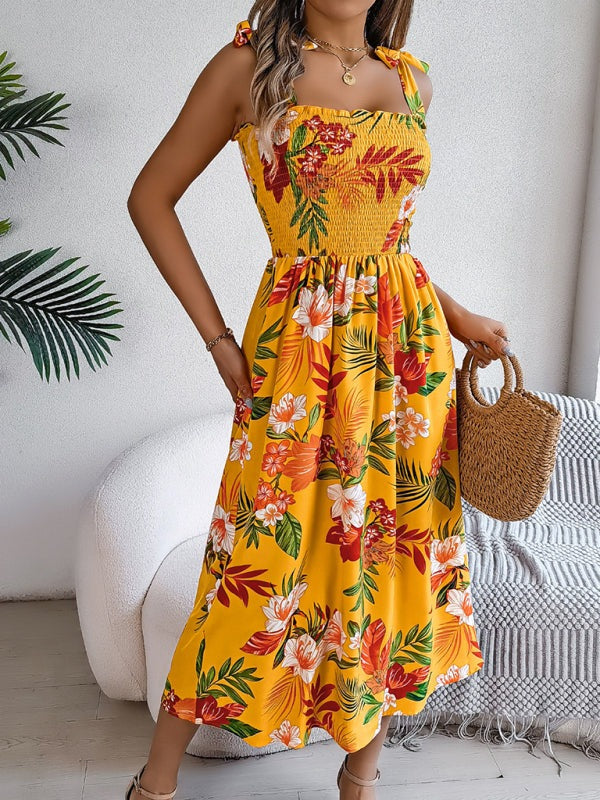 Floral Dresses - Casual Tropical Floral Midi Dress for Weekend Wear