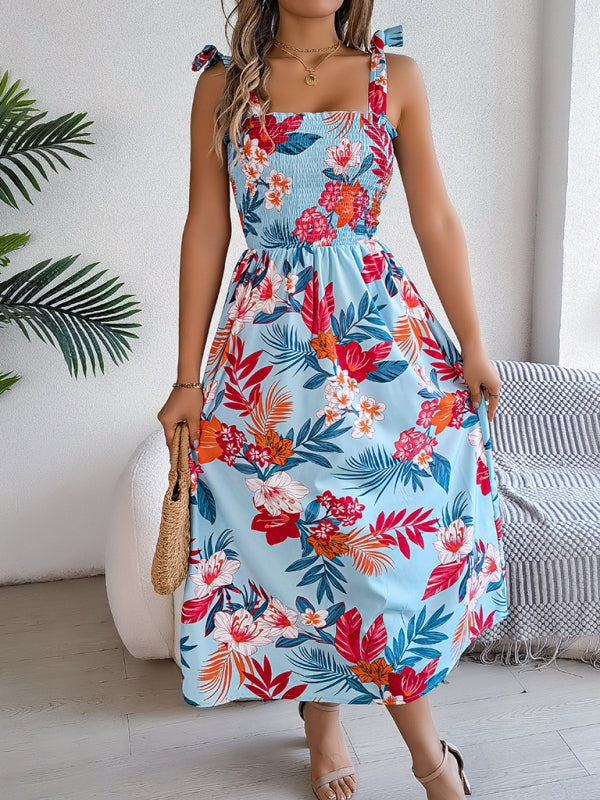 Floral Dresses - Casual Tropical Floral Midi Dress for Weekend Wear
