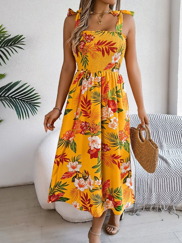 Floral Dresses - Casual Tropical Floral Midi Dress for Weekend Wear