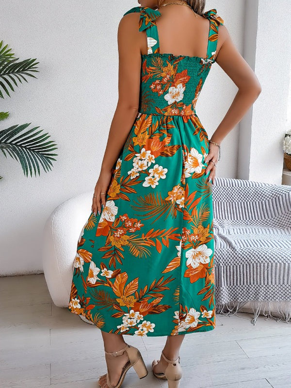 Floral Dresses - Casual Tropical Floral Midi Dress for Weekend Wear