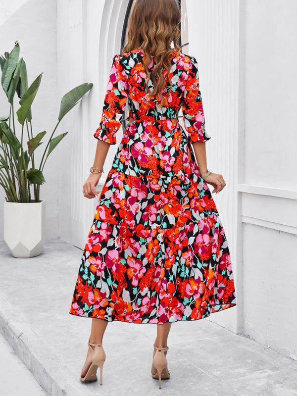 Floral Dresses- Cocktail Attire V-Neck Floral Dress with 3/4 Sleeves and Slit- - Chuzko Women Clothing