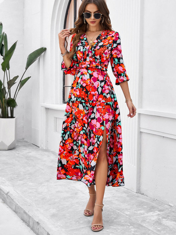 Floral Dresses- Cocktail Attire V-Neck Floral Dress with 3/4 Sleeves and Slit- - Chuzko Women Clothing