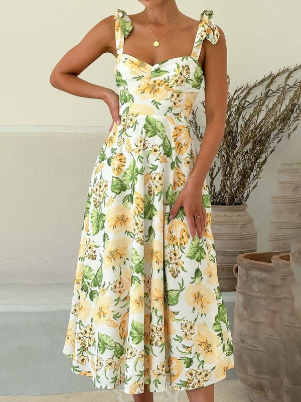 Floral Dresses - Floral Gathered Bust Dress with Tie Shoulders