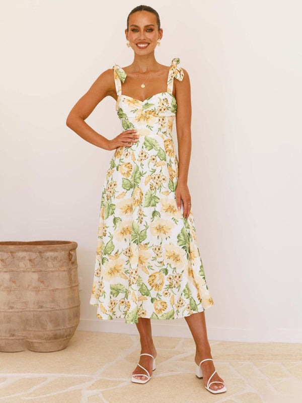 Floral Dresses - Floral Gathered Bust Dress with Tie Shoulders
