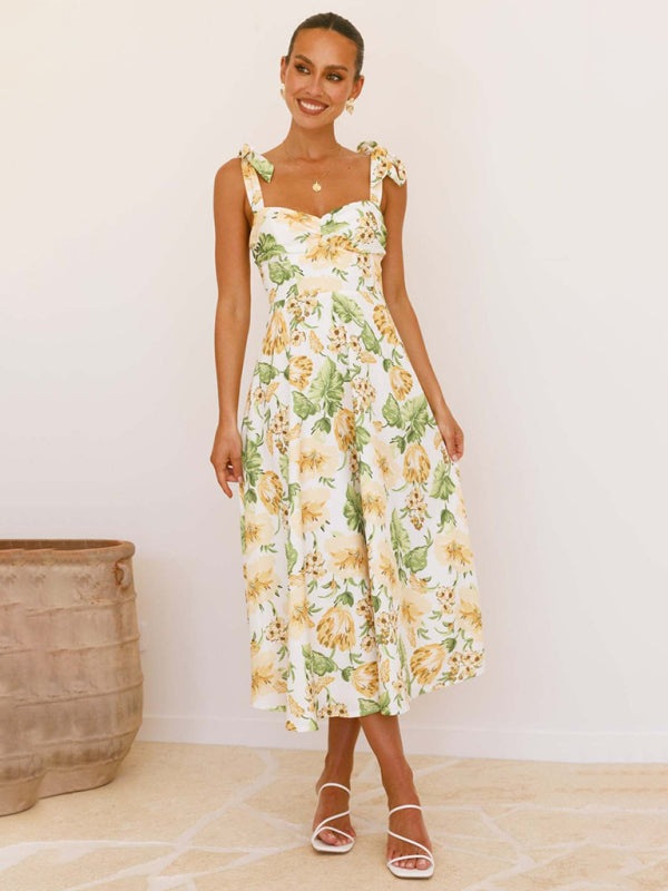 Floral Dresses - Floral Gathered Bust Dress with Tie Shoulders