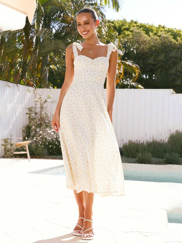 Floral Dresses - Floral Gathered Bust Dress with Tie Shoulders