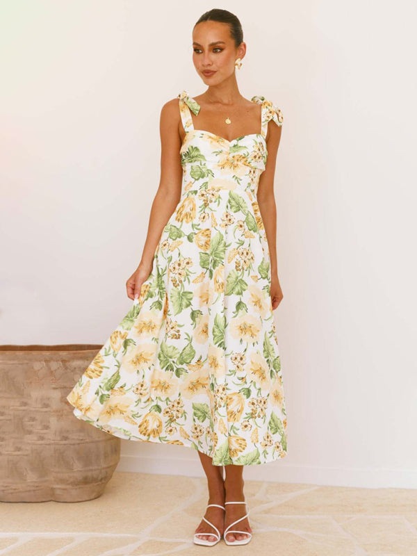 Floral Dresses - Floral Gathered Bust Dress with Tie Shoulders