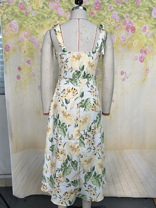 Floral Dresses - Floral Gathered Bust Dress with Tie Shoulders