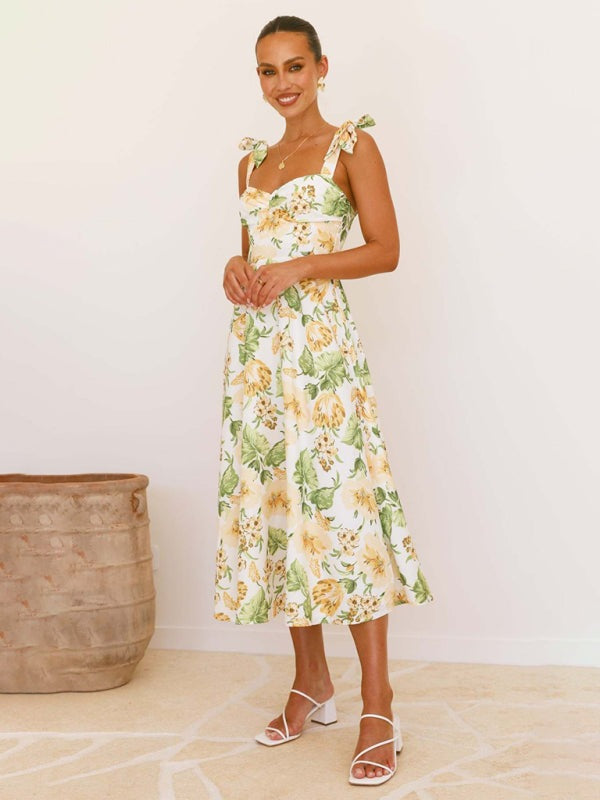 Floral Dresses - Floral Gathered Bust Dress with Tie Shoulders