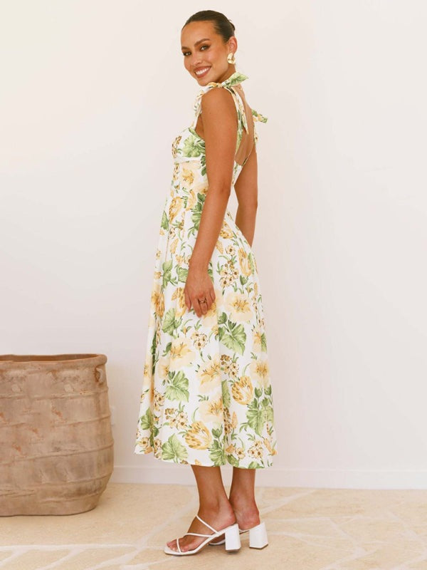 Floral Dresses - Floral Gathered Bust Dress with Tie Shoulders