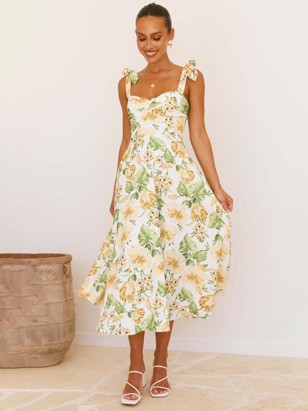 Floral Dresses - Floral Gathered Bust Dress with Tie Shoulders