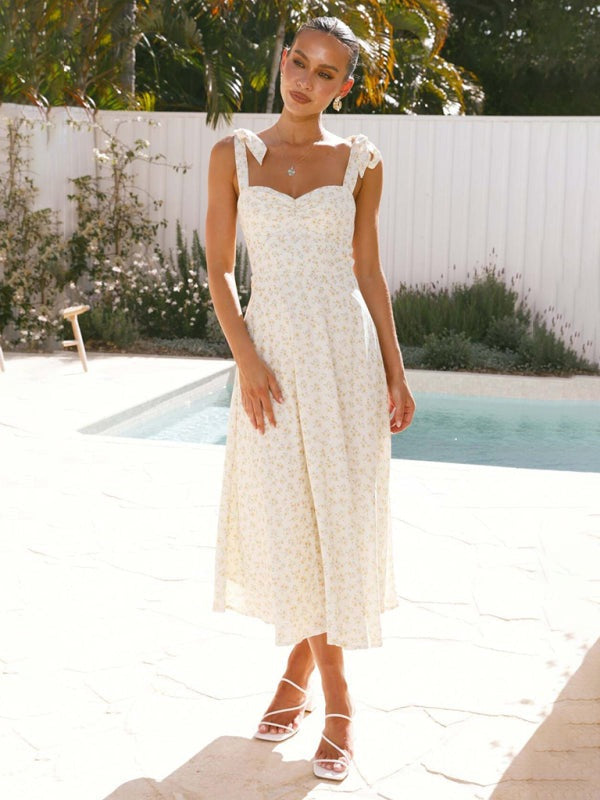 Floral Dresses - Floral Gathered Bust Dress with Tie Shoulders