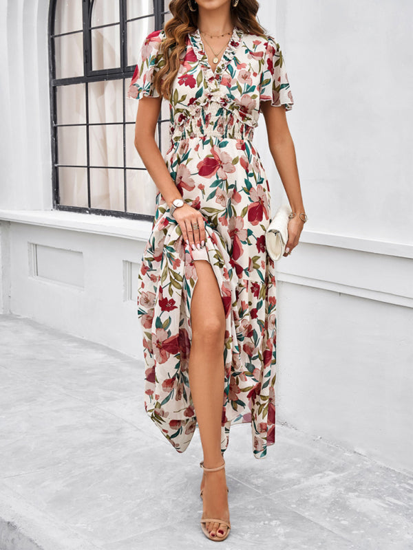 Floral Dresses- Floral V-Neck Midi Dress with Flared Sleeves & Smocked Waist- Cracker khaki- Chuzko Women Clothing