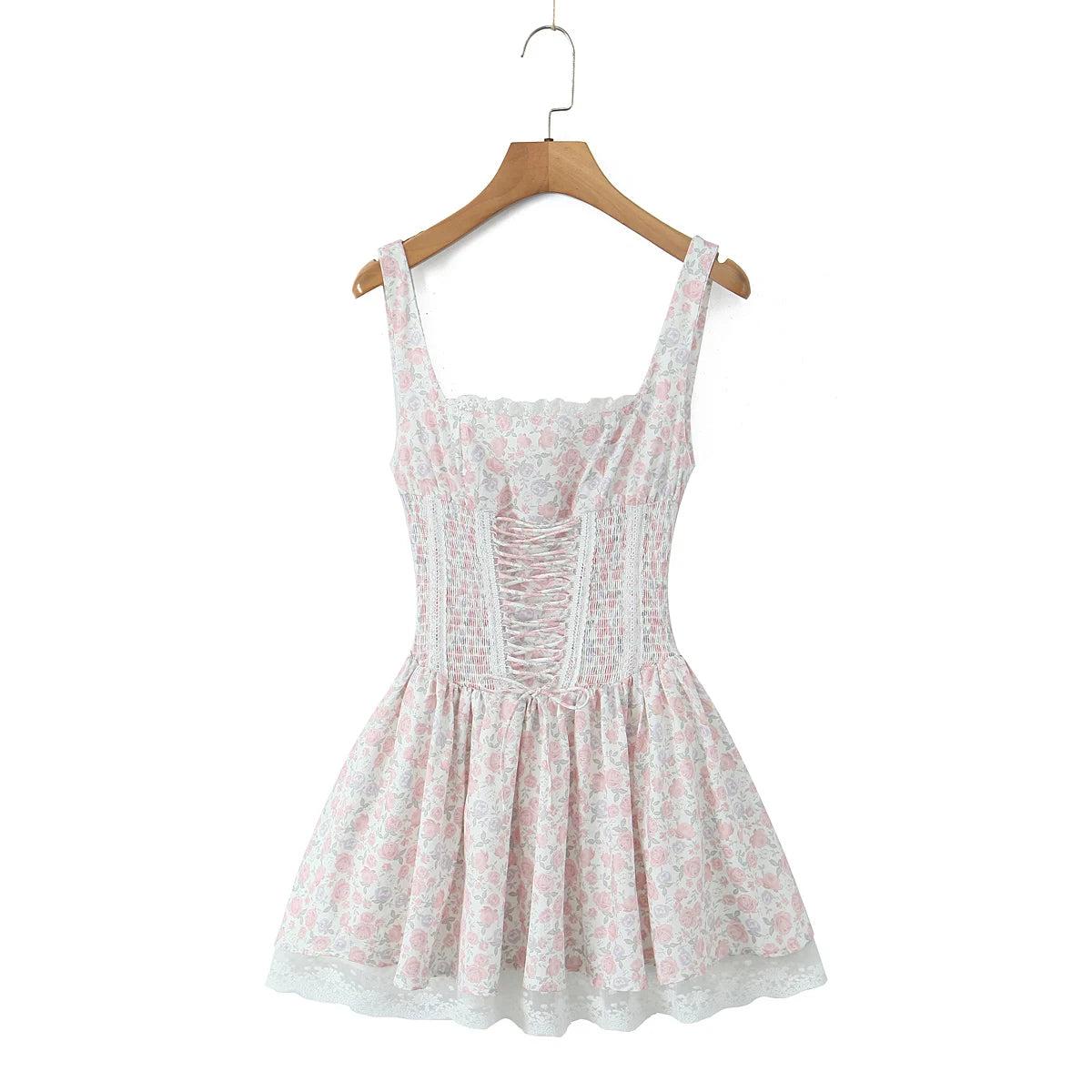 Floral Dresses - Summer Romance Floral Lace-Up Dress with Smocked Waist