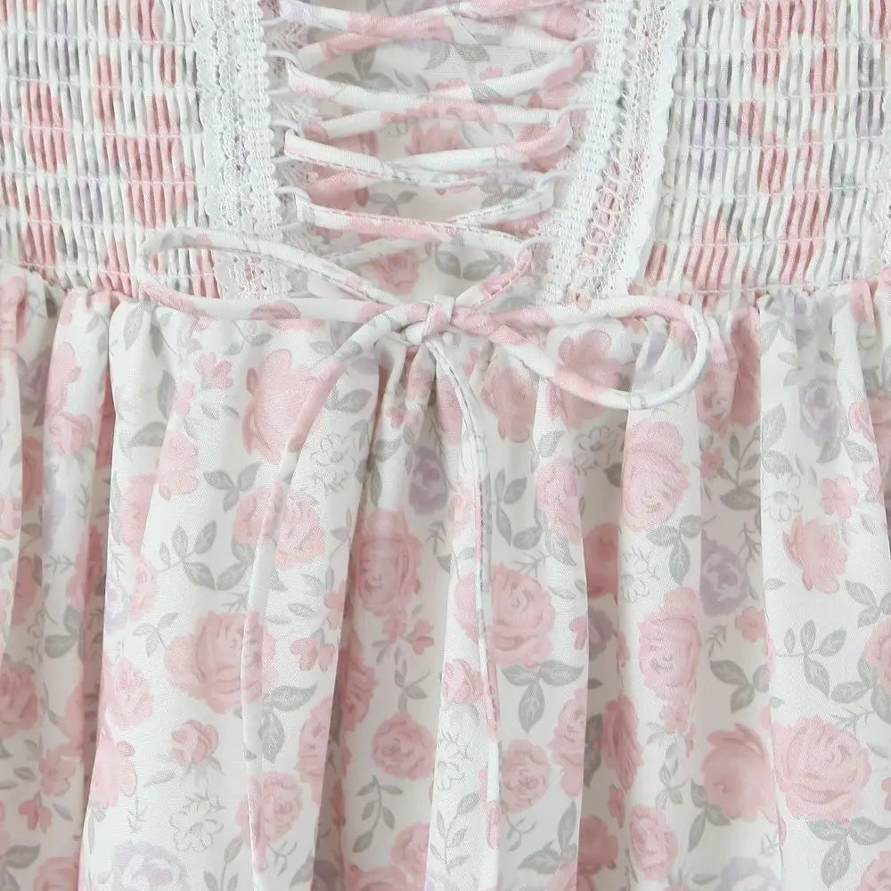 Floral Dresses - Summer Romance Floral Lace-Up Dress with Smocked Waist