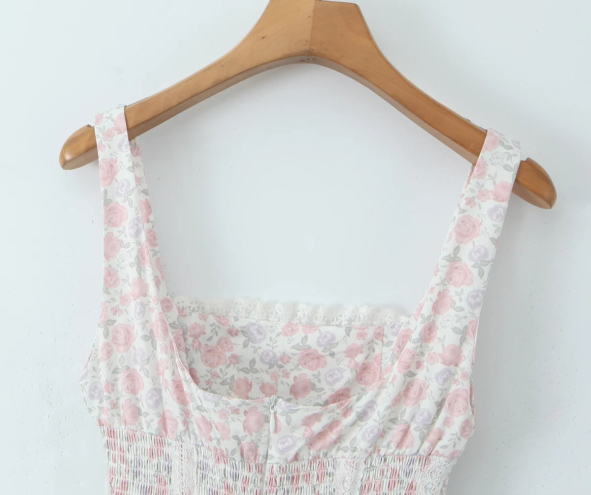 Floral Dresses - Summer Romance Floral Lace-Up Dress with Smocked Waist