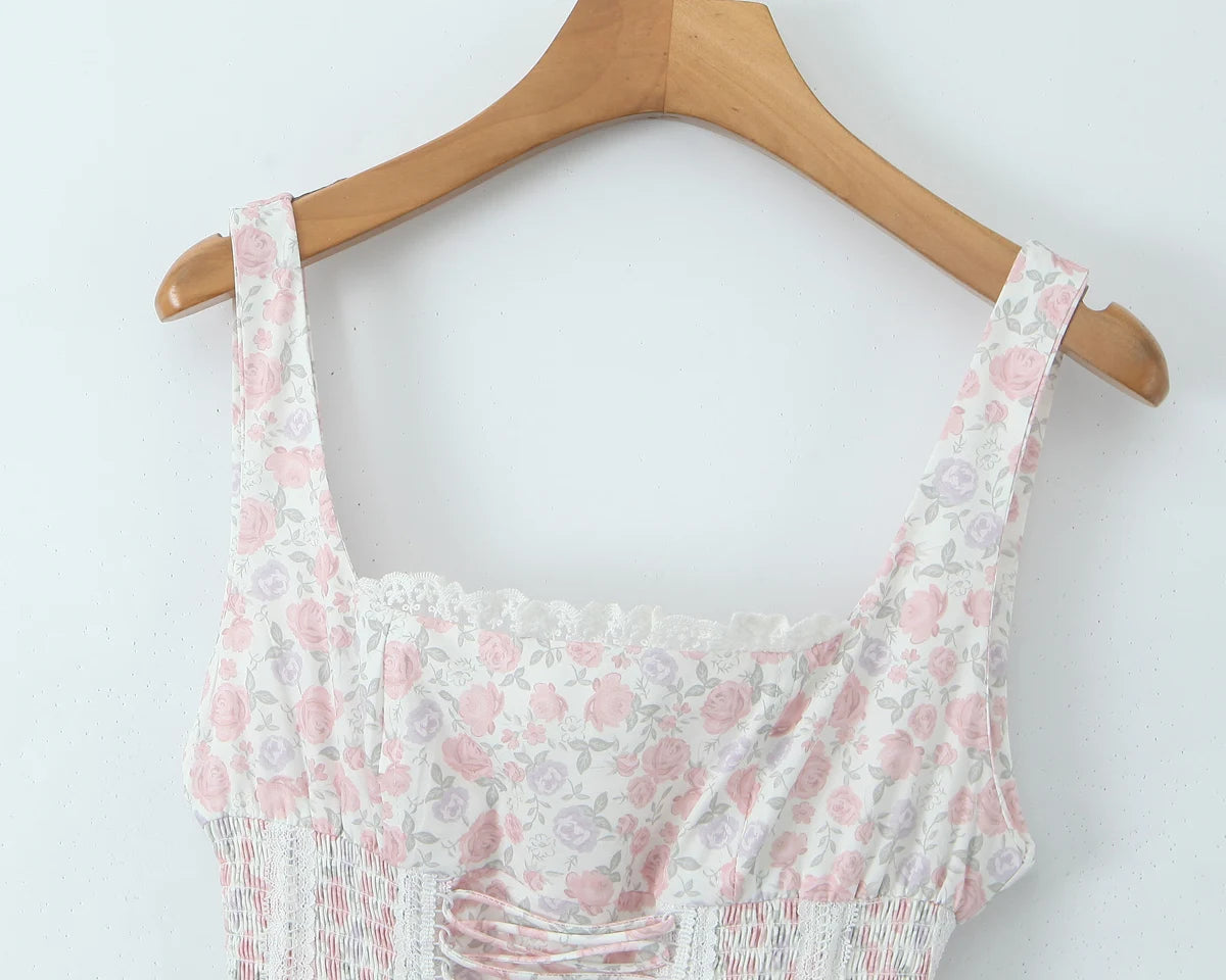 Floral Dresses - Summer Romance Floral Lace-Up Dress with Smocked Waist