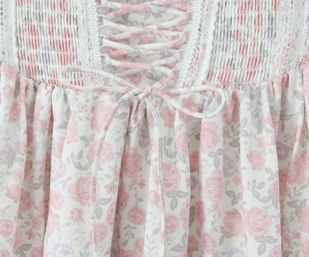 Floral Dresses - Summer Romance Floral Lace-Up Dress with Smocked Waist