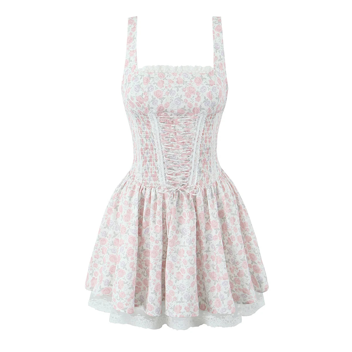 Floral Dresses - Summer Romance Floral Lace-Up Dress with Smocked Waist