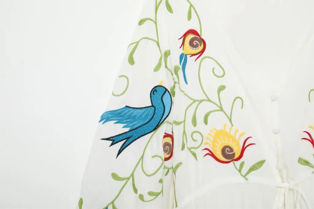 Kaftans - Jastie Embroidered Women Maxi Dress V-Neck Batwing Sleeve Loose Oversize Summer Dresses Drawstring Waist Boho Beach Vestidos