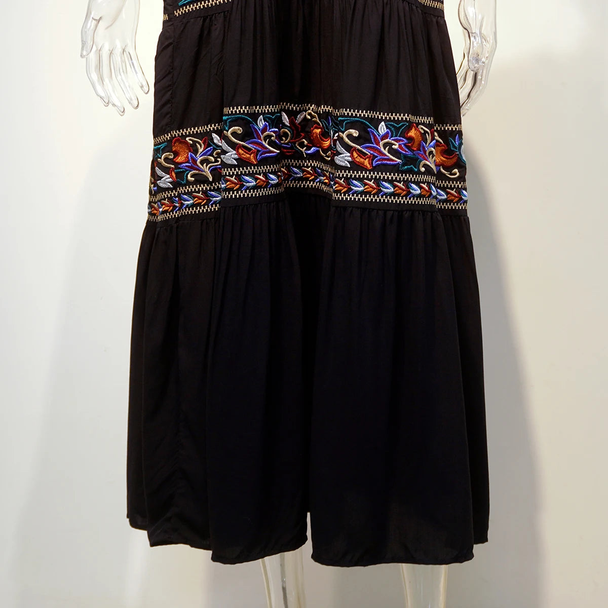 Kaftans - Jastie Embroidered Women Maxi Dress V-Neck Batwing Sleeve Loose Oversize Summer Dresses Drawstring Waist Boho Beach Vestidos