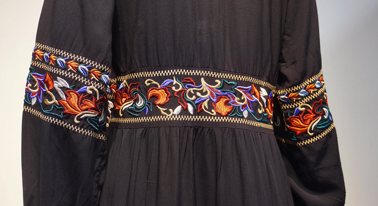 Kaftans - Jastie Embroidered Women Maxi Dress V-Neck Batwing Sleeve Loose Oversize Summer Dresses Drawstring Waist Boho Beach Vestidos