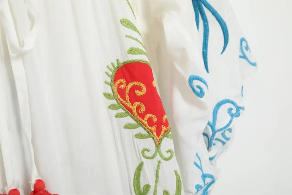 Kaftans - Jastie Embroidered Women Maxi Dress V-Neck Batwing Sleeve Loose Oversize Summer Dresses Drawstring Waist Boho Beach Vestidos