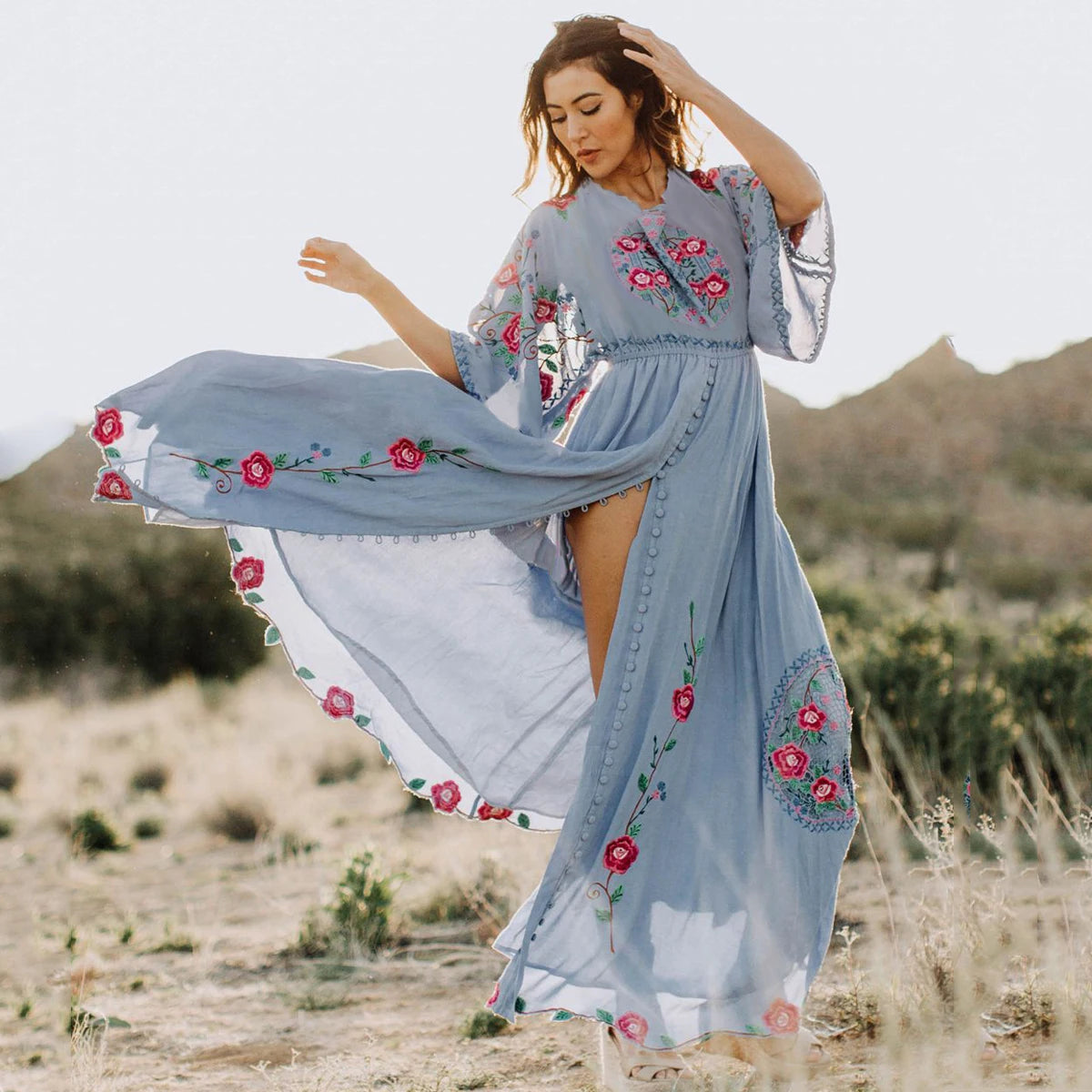 Kaftans - Jastie Embroidered Women Maxi Dress V-Neck Batwing Sleeve Loose Oversize Summer Dresses Drawstring Waist Boho Beach Vestidos