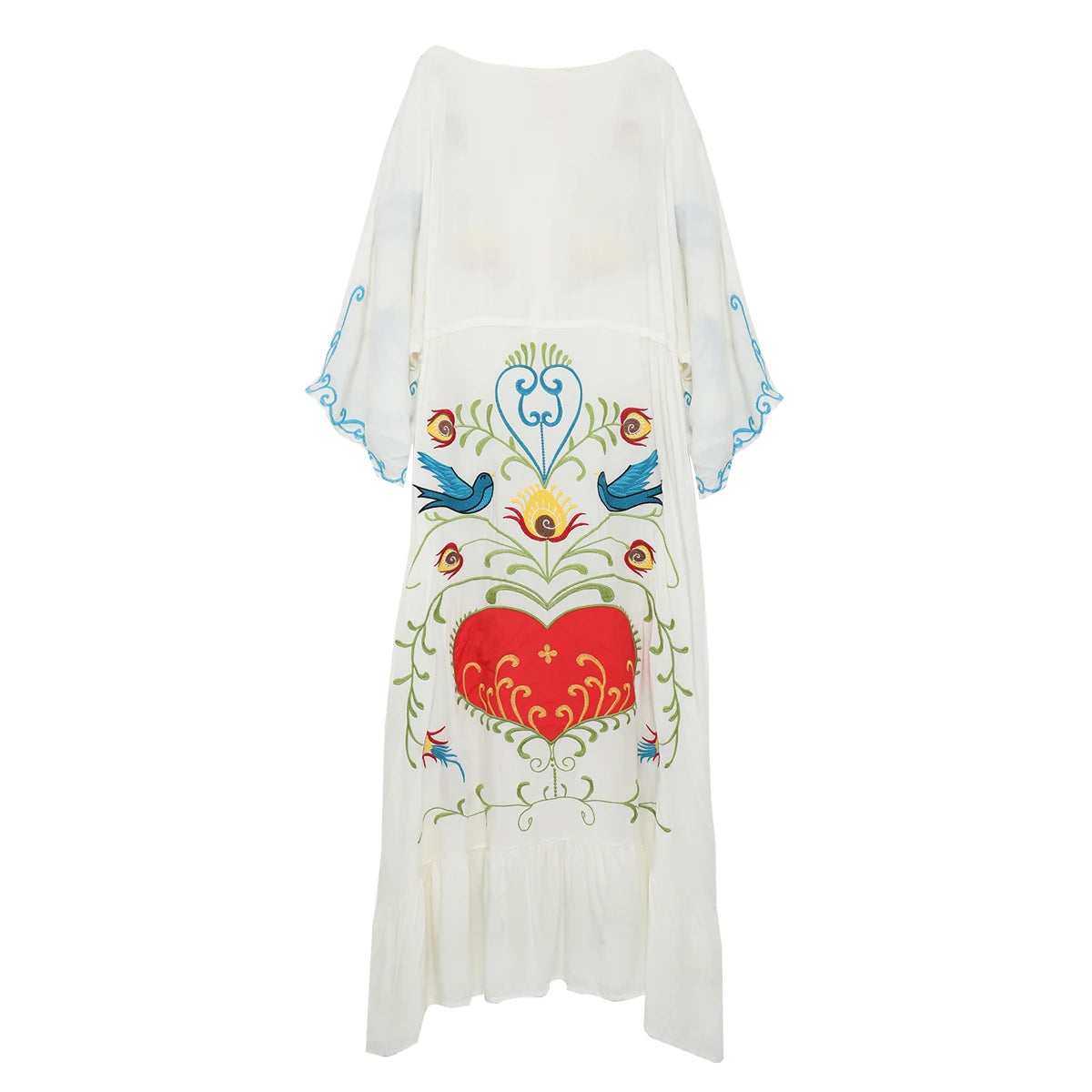 Kaftans - Jastie Embroidered Women Maxi Dress V-Neck Batwing Sleeve Loose Oversize Summer Dresses Drawstring Waist Boho Beach Vestidos