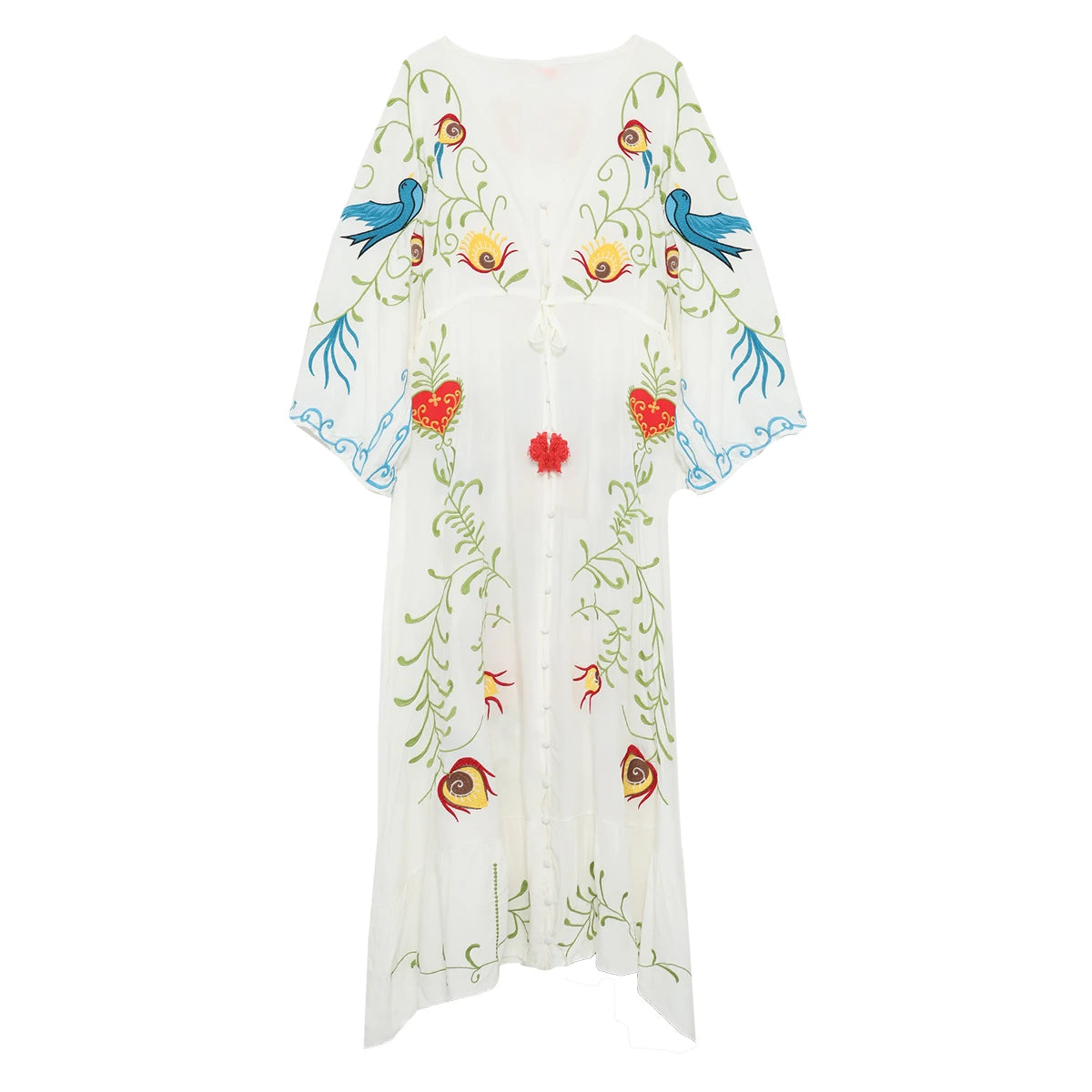 Kaftans - Jastie Embroidered Women Maxi Dress V-Neck Batwing Sleeve Loose Oversize Summer Dresses Drawstring Waist Boho Beach Vestidos