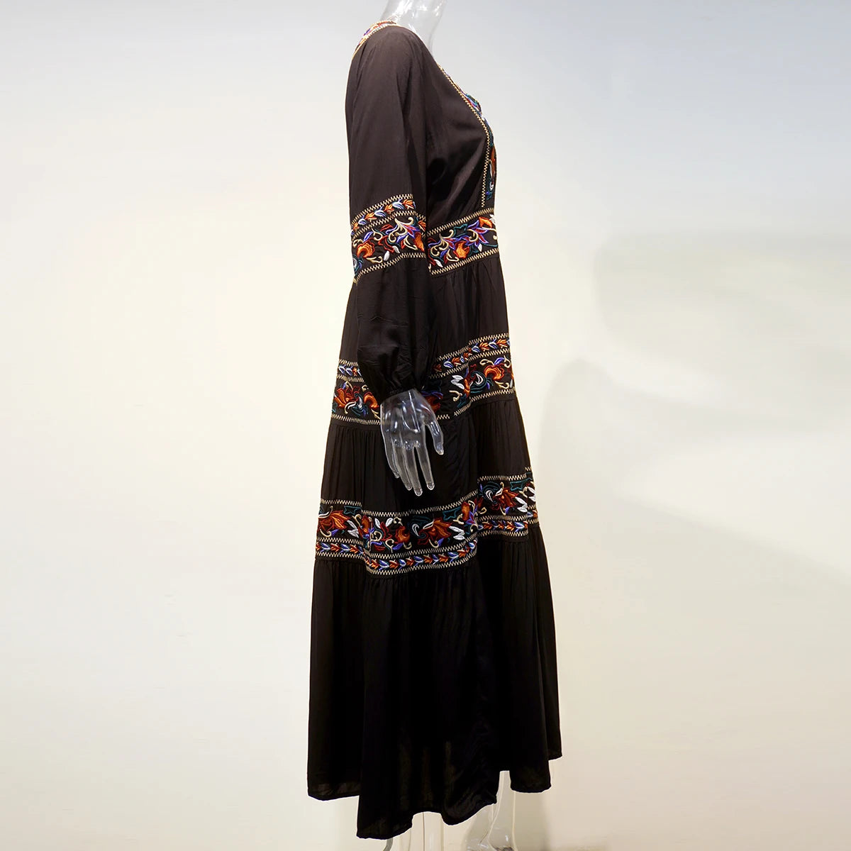 Kaftans - Jastie Embroidered Women Maxi Dress V-Neck Batwing Sleeve Loose Oversize Summer Dresses Drawstring Waist Boho Beach Vestidos