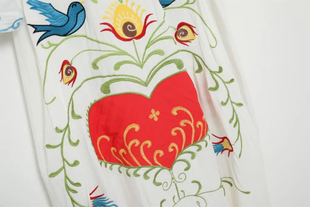 Kaftans - Jastie Embroidered Women Maxi Dress V-Neck Batwing Sleeve Loose Oversize Summer Dresses Drawstring Waist Boho Beach Vestidos