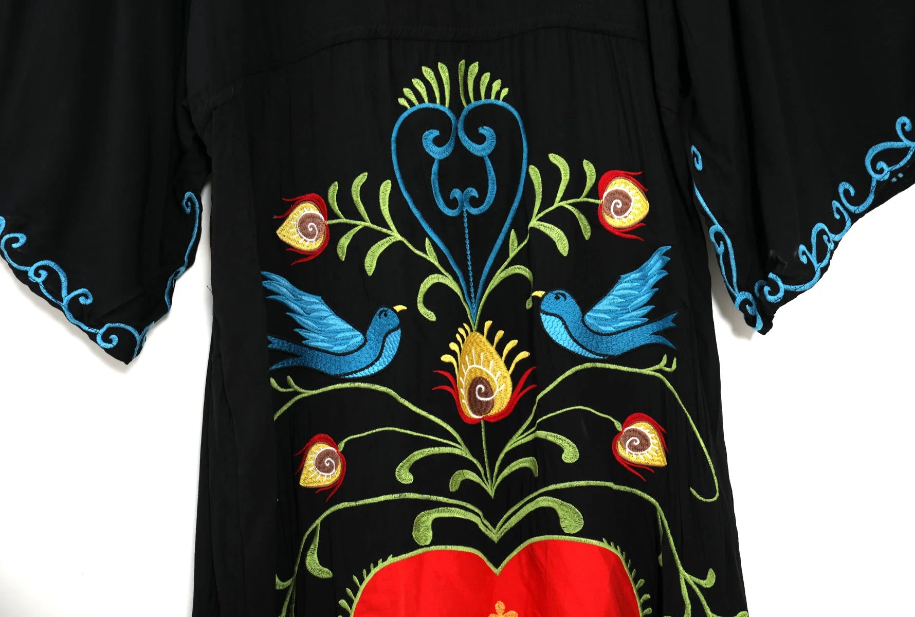 Kaftans - Jastie Embroidered Women Maxi Dress V-Neck Batwing Sleeve Loose Oversize Summer Dresses Drawstring Waist Boho Beach Vestidos