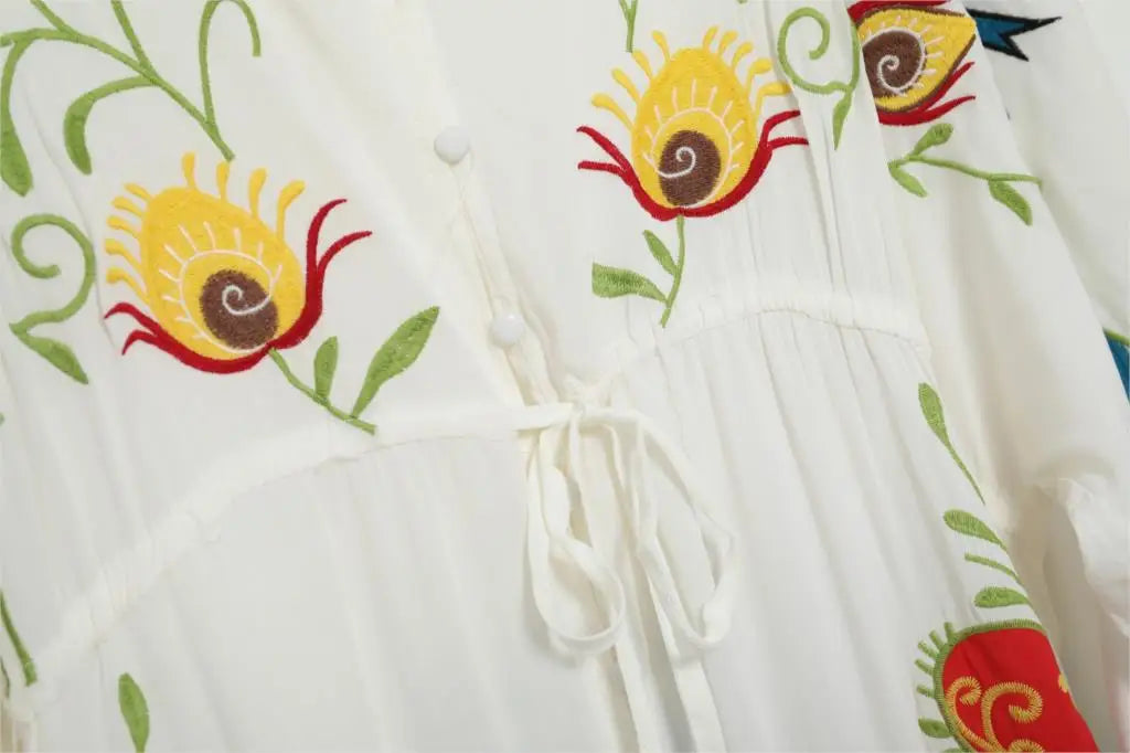 Kaftans - Jastie Embroidered Women Maxi Dress V-Neck Batwing Sleeve Loose Oversize Summer Dresses Drawstring Waist Boho Beach Vestidos