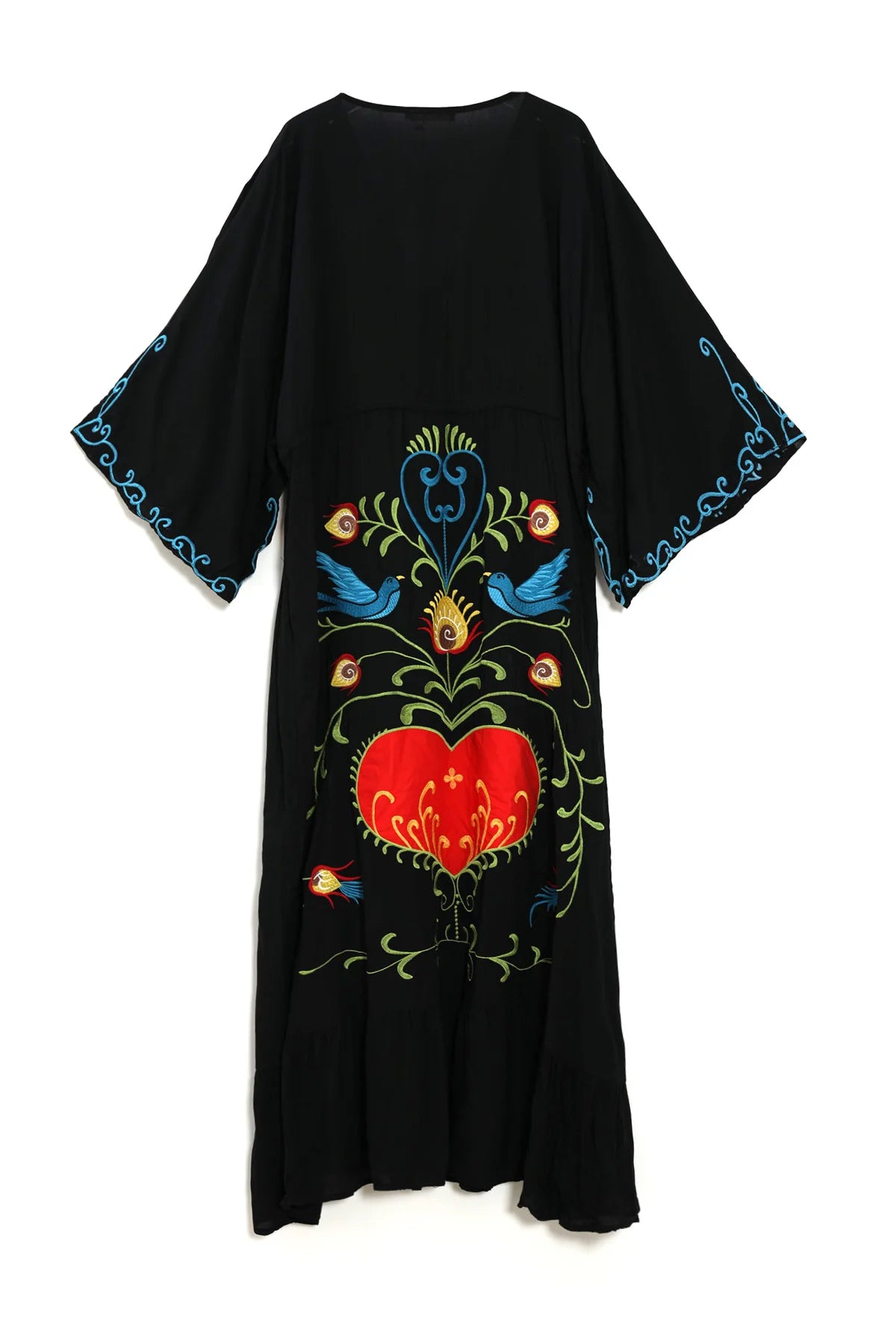 Kaftans - Jastie Embroidered Women Maxi Dress V-Neck Batwing Sleeve Loose Oversize Summer Dresses Drawstring Waist Boho Beach Vestidos