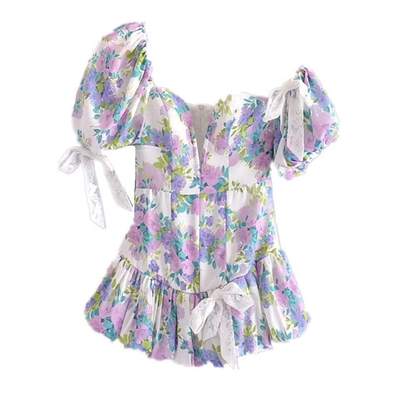 💃🔥Vintage Damen-Minikleid mit floralem Remi-Ausschnitt, Puffärmeln und tiefem Ausschnitt💃🔥