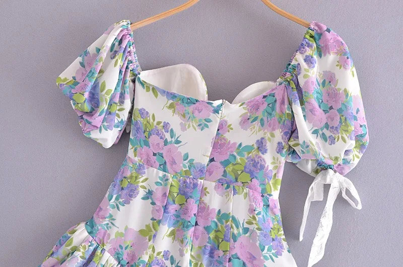💃🔥Vintage Damen-Minikleid mit floralem Remi-Ausschnitt, Puffärmeln und tiefem Ausschnitt💃🔥