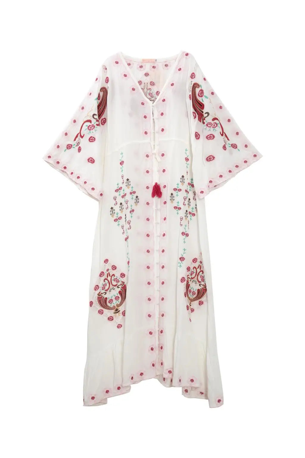 Kaftans - Jastie Embroidered Women Maxi Dress V-Neck Batwing Sleeve Loose Oversize Summer Dresses Drawstring Waist Boho Beach Vestidos