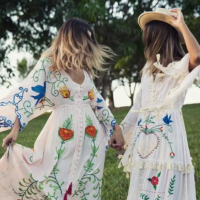Kaftans - Jastie Embroidered Women Maxi Dress V-Neck Batwing Sleeve Loose Oversize Summer Dresses Drawstring Waist Boho Beach Vestidos