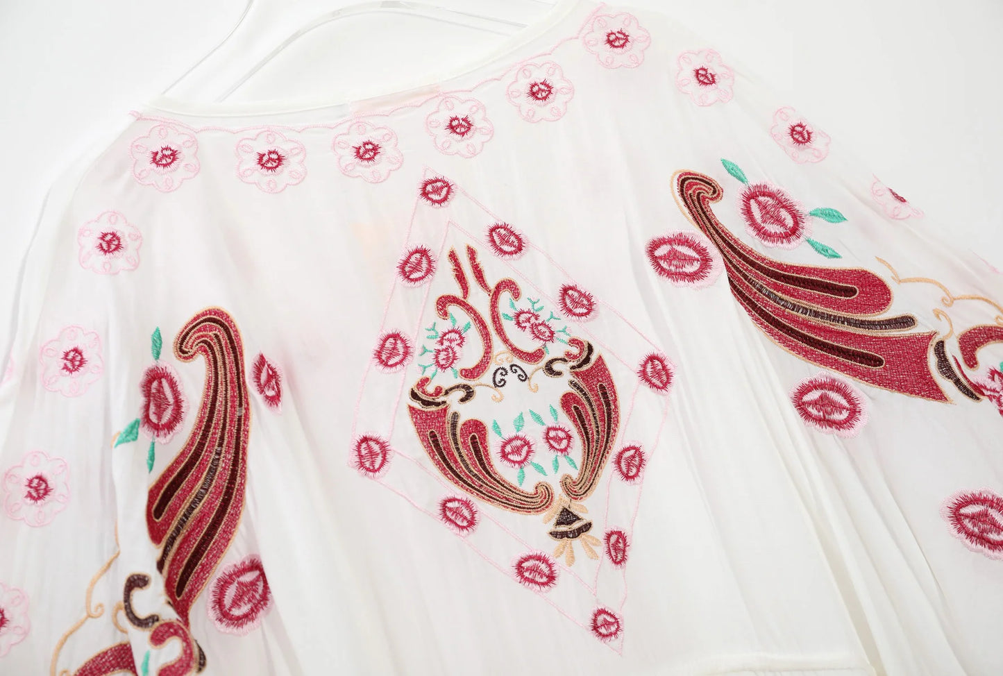 Kaftans - Jastie Embroidered Women Maxi Dress V-Neck Batwing Sleeve Loose Oversize Summer Dresses Drawstring Waist Boho Beach Vestidos