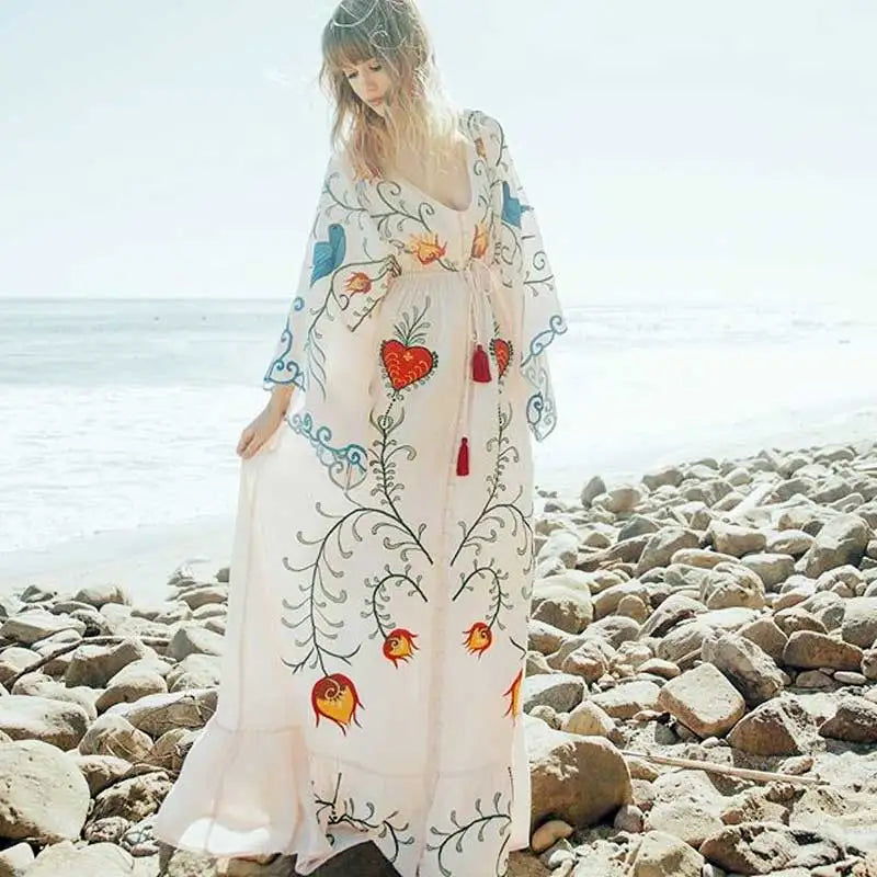 Kaftans - Jastie Embroidered Women Maxi Dress V-Neck Batwing Sleeve Loose Oversize Summer Dresses Drawstring Waist Boho Beach Vestidos