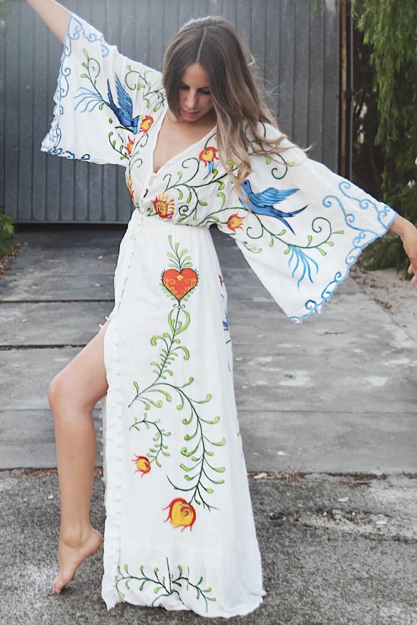 Kaftans - Jastie Embroidered Women Maxi Dress V-Neck Batwing Sleeve Loose Oversize Summer Dresses Drawstring Waist Boho Beach Vestidos