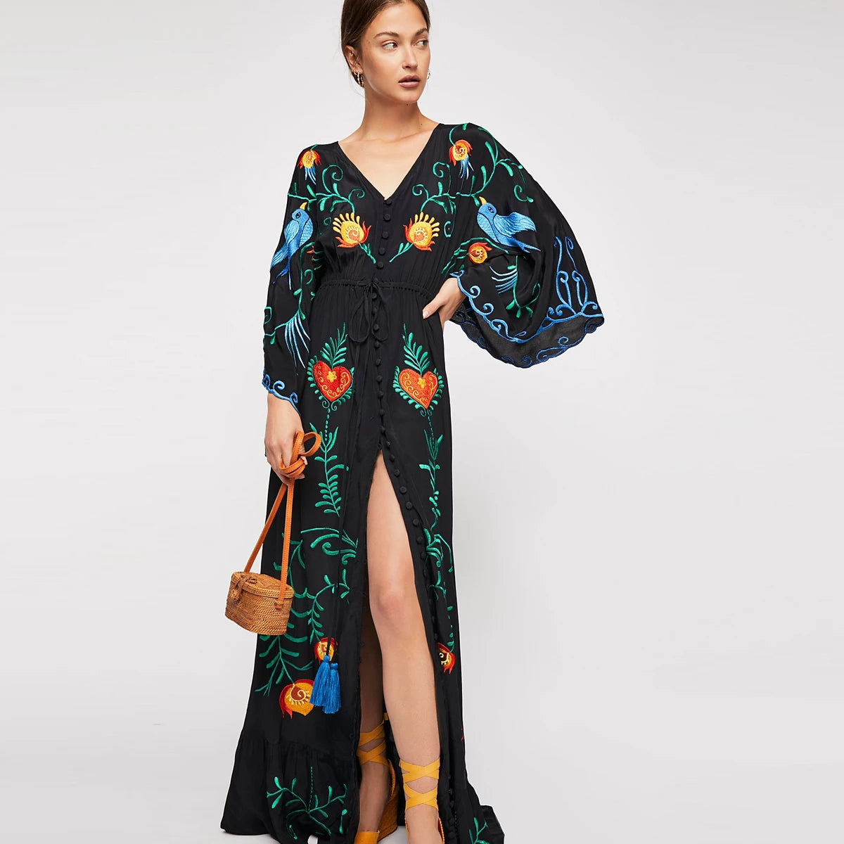 Kaftans - Jastie Embroidered Women Maxi Dress V-Neck Batwing Sleeve Loose Oversize Summer Dresses Drawstring Waist Boho Beach Vestidos